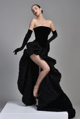Black Samt Half Sleeves Off the Shoulder Evening Dress with High Slit